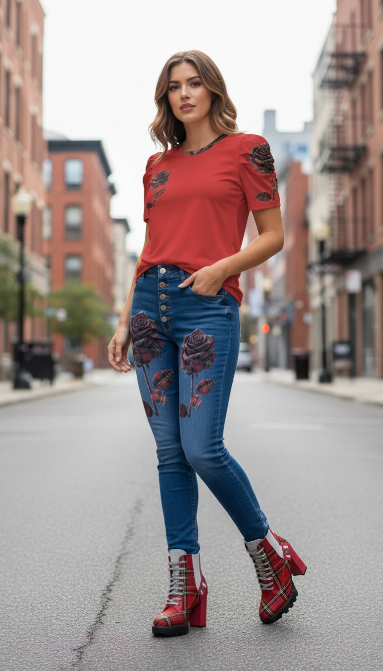 Rich and Rich Red Plaid Rose Women's Jeans Women's Jeans (Front Printing) (Model L75)