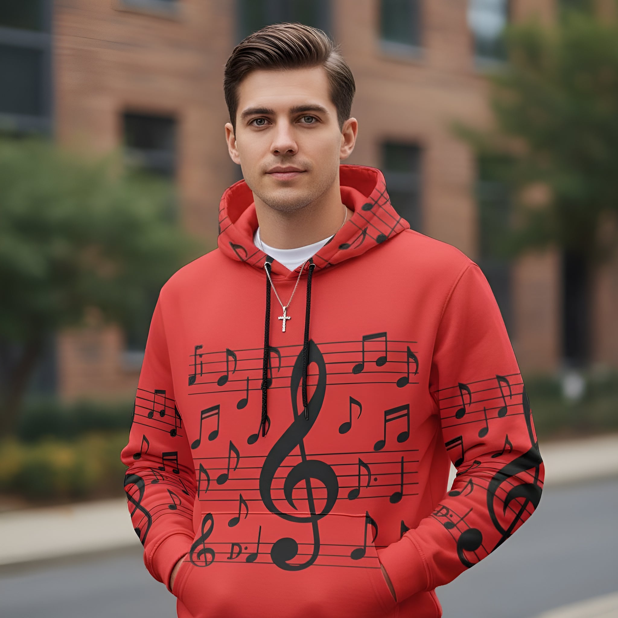 Rich and Rich Men's Musical Notes Hoodie in black with white musical note design