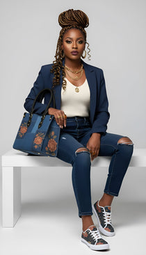 Blue floral small PU leather handbag with top handle and matching low-top canvas sneakers