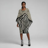 Black and beige tassel cape with loose cardigan silhouette and fringe