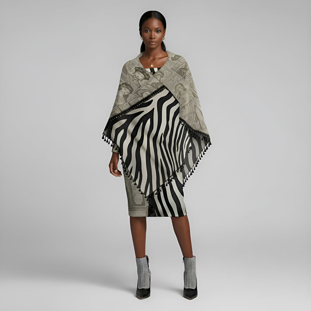 Rich and Rich Black and Beige Print Women's Off Shoulder Long Sleeve Dress