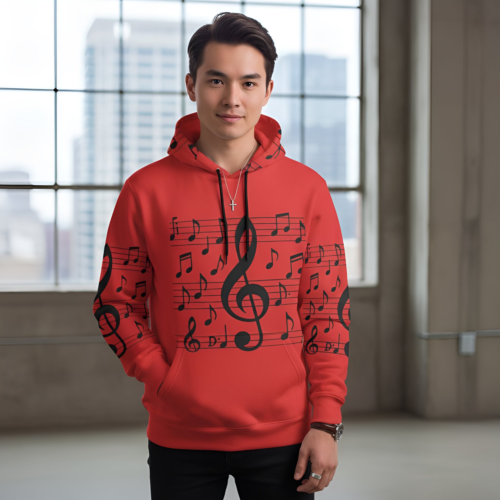Rich and Rich Men's Musical Notes Hoodie in black with white musical note design