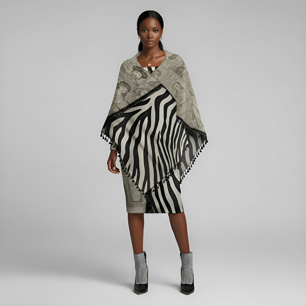 Rich and Rich Black and Beige Women's Tassel Cape