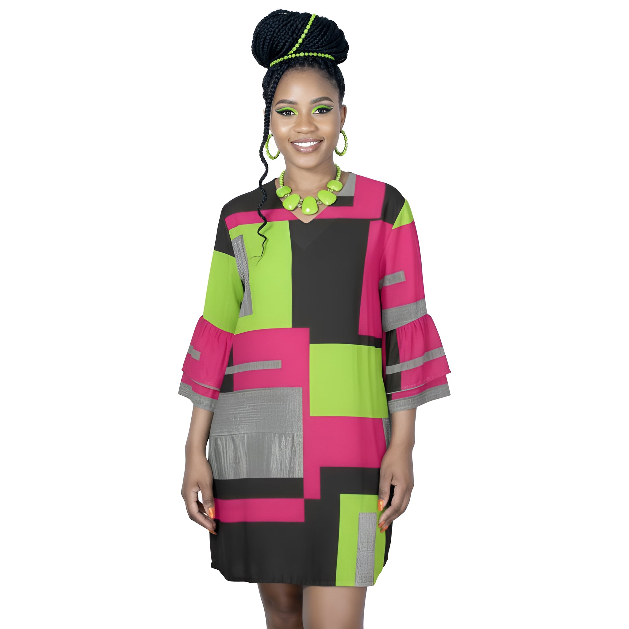 Women's V-neck short geometric floral dress with half sleeves and layered cuffs