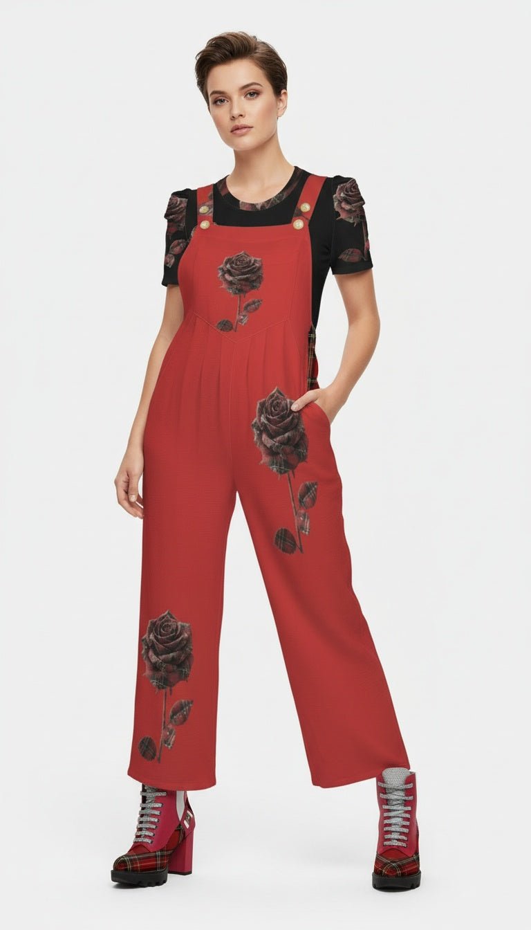 Red rose sleeveless wide-leg jumpsuit with button shoulder straps and pockets