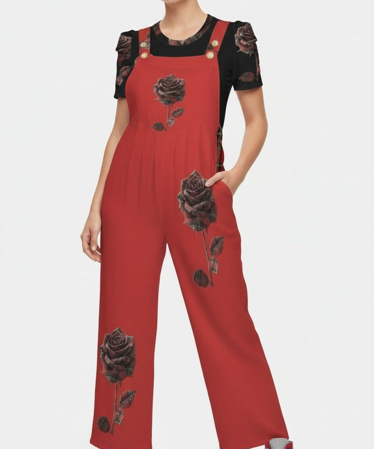 Red rose sleeveless wide-leg jumpsuit with button shoulder straps and pockets
