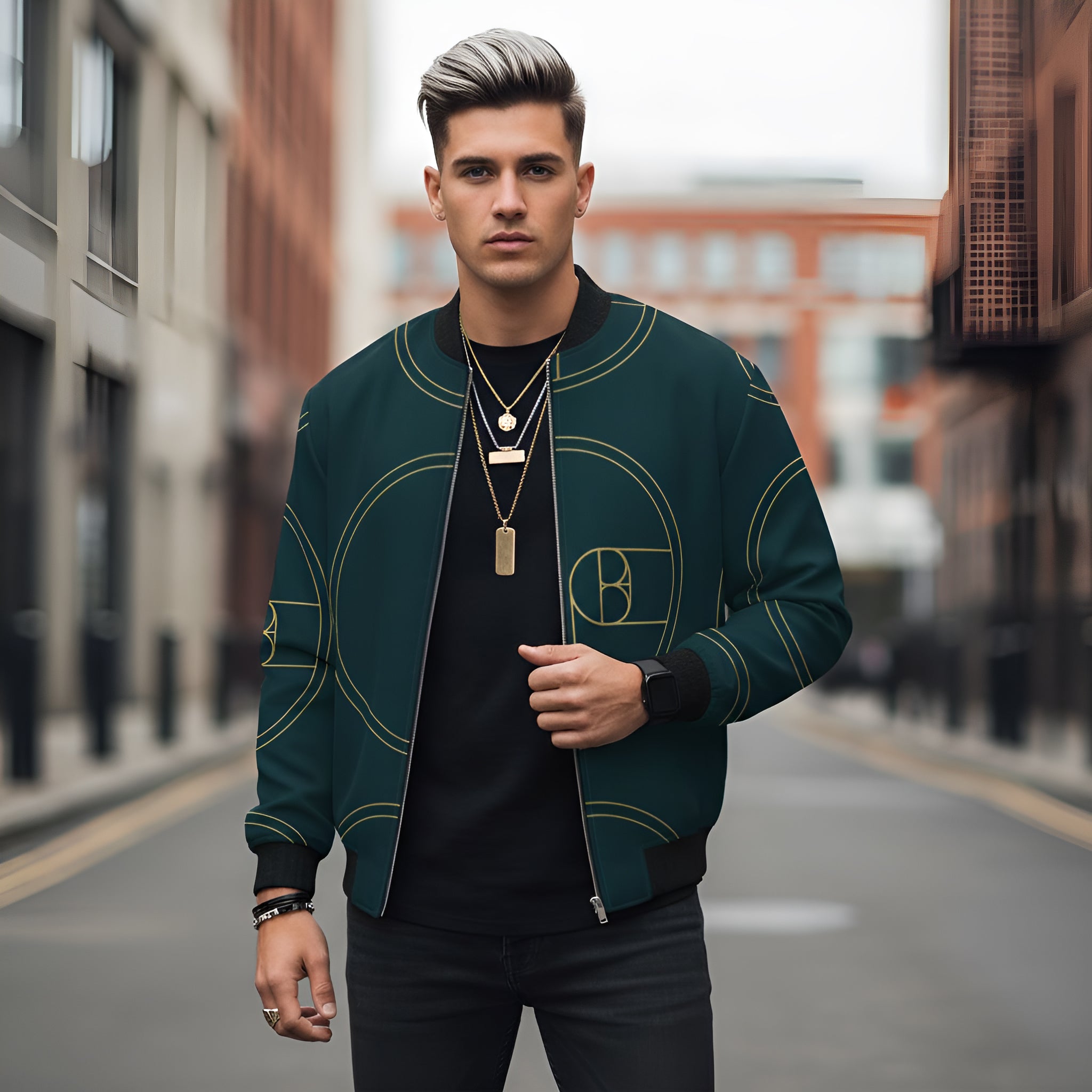 Rich and Rich Mens Navy Blue Designer Bomber Jacket