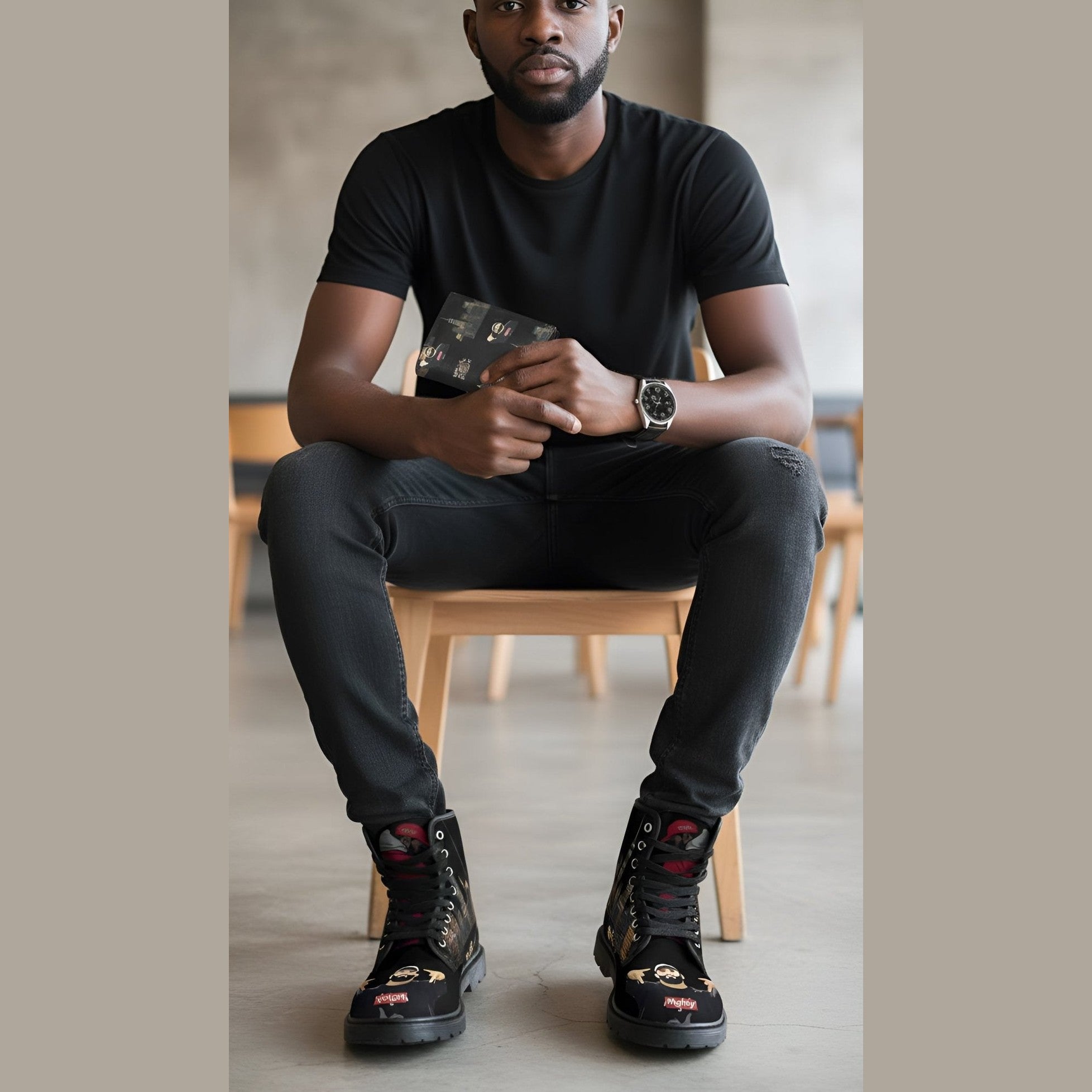 Black men's lace-up canvas boots with all-over print, ribbed midsole and rear pull-loop