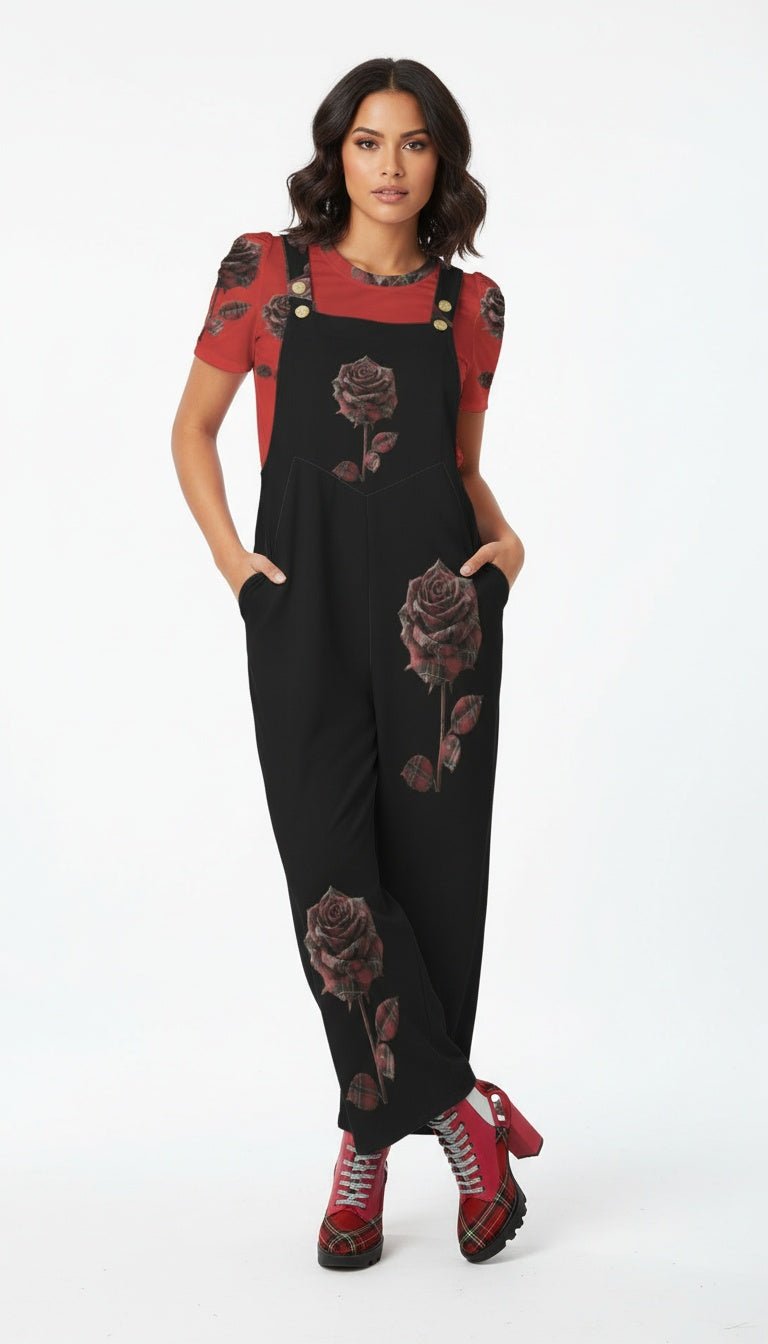 Black sleeveless wide-leg jumpsuit with red rose print and button straps