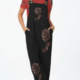 Black sleeveless wide-leg jumpsuit with red rose print and button straps