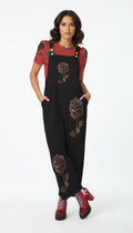 Rich and Rich Red Rose Women's Black Wide Leg Sleeveless Jumpsuit with Button Shoulder Straps