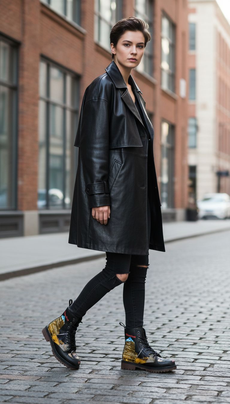 Rich and Rich Unisex Caricature Casual Leather Lightweight Black Boots