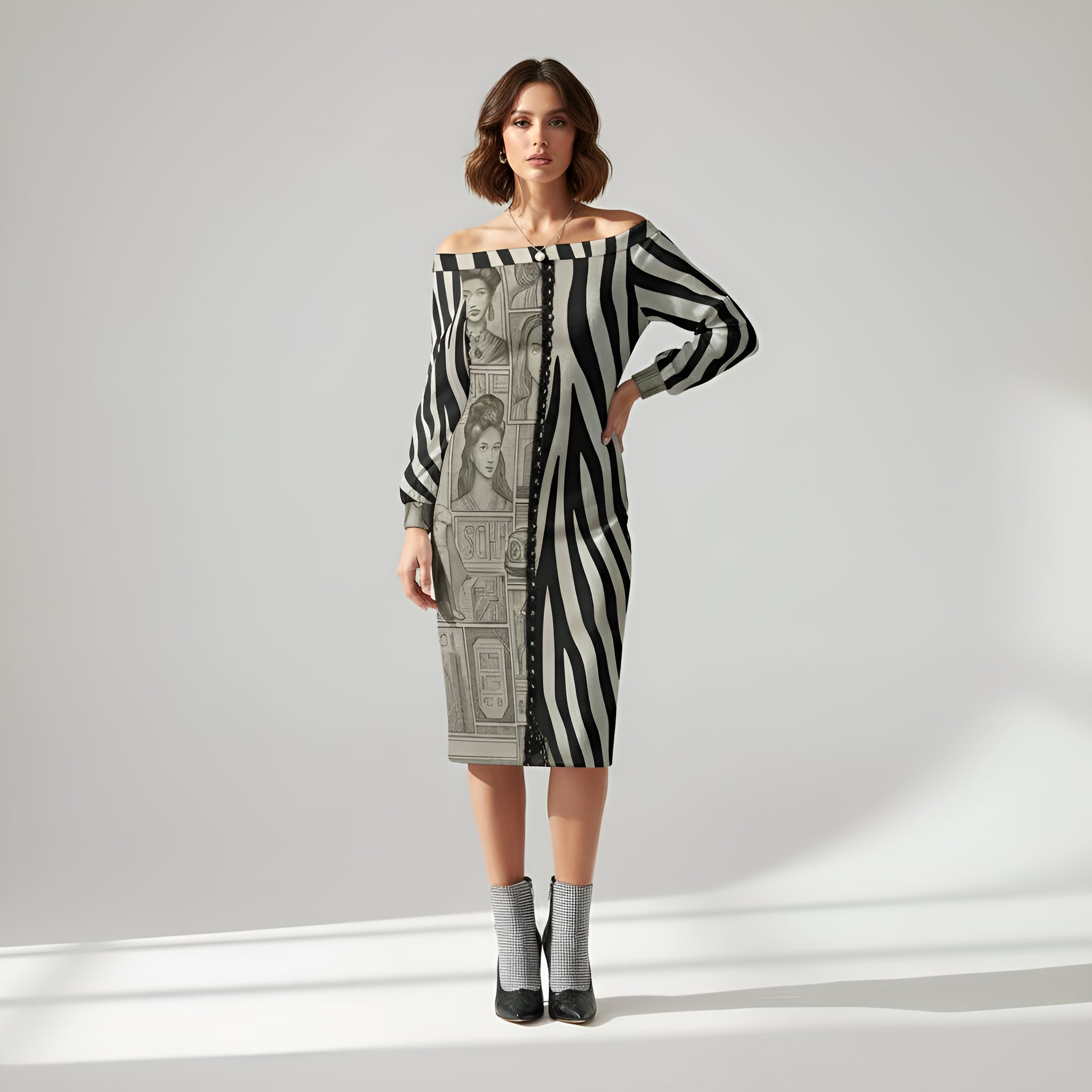 Rich and Rich Black and Beige Print Women's Off Shoulder Long Sleeve Dress