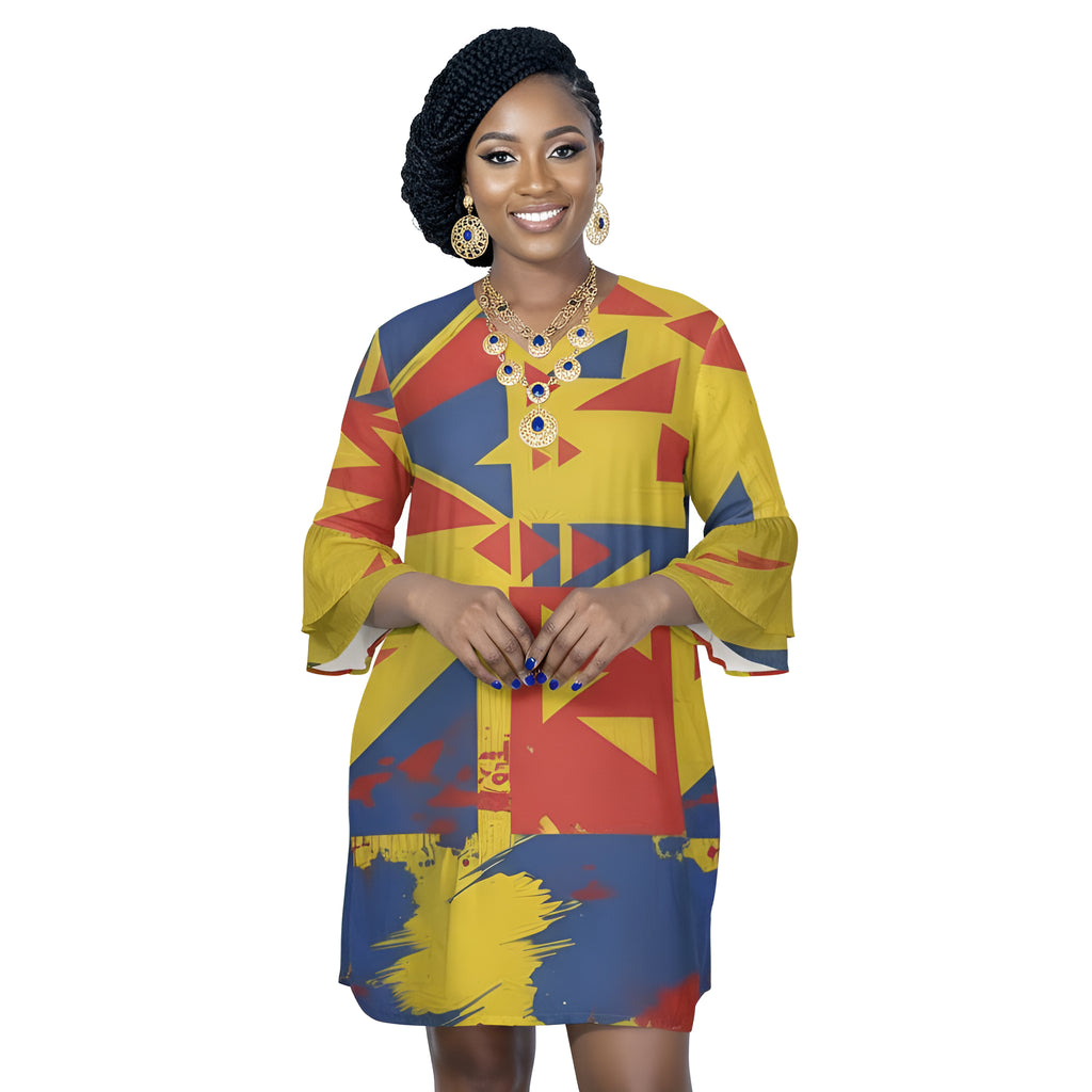 Rich and Rich Women's V-Neck Geometric Floral Mini Dress with half sleeves