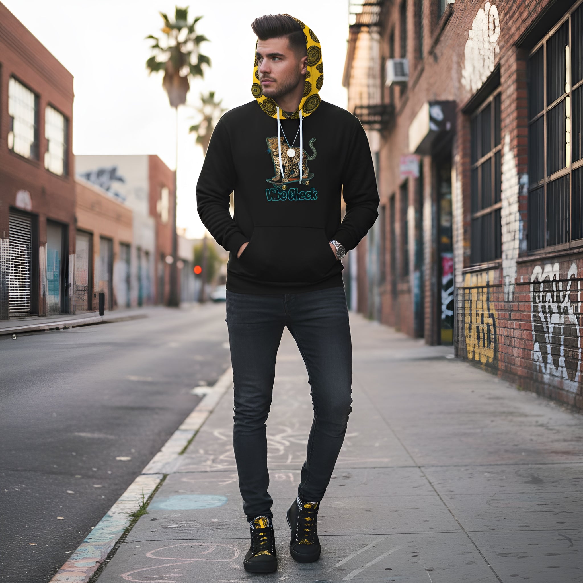Unisex hoodie with 'Vibe Check' leopard skateboard all-over print
