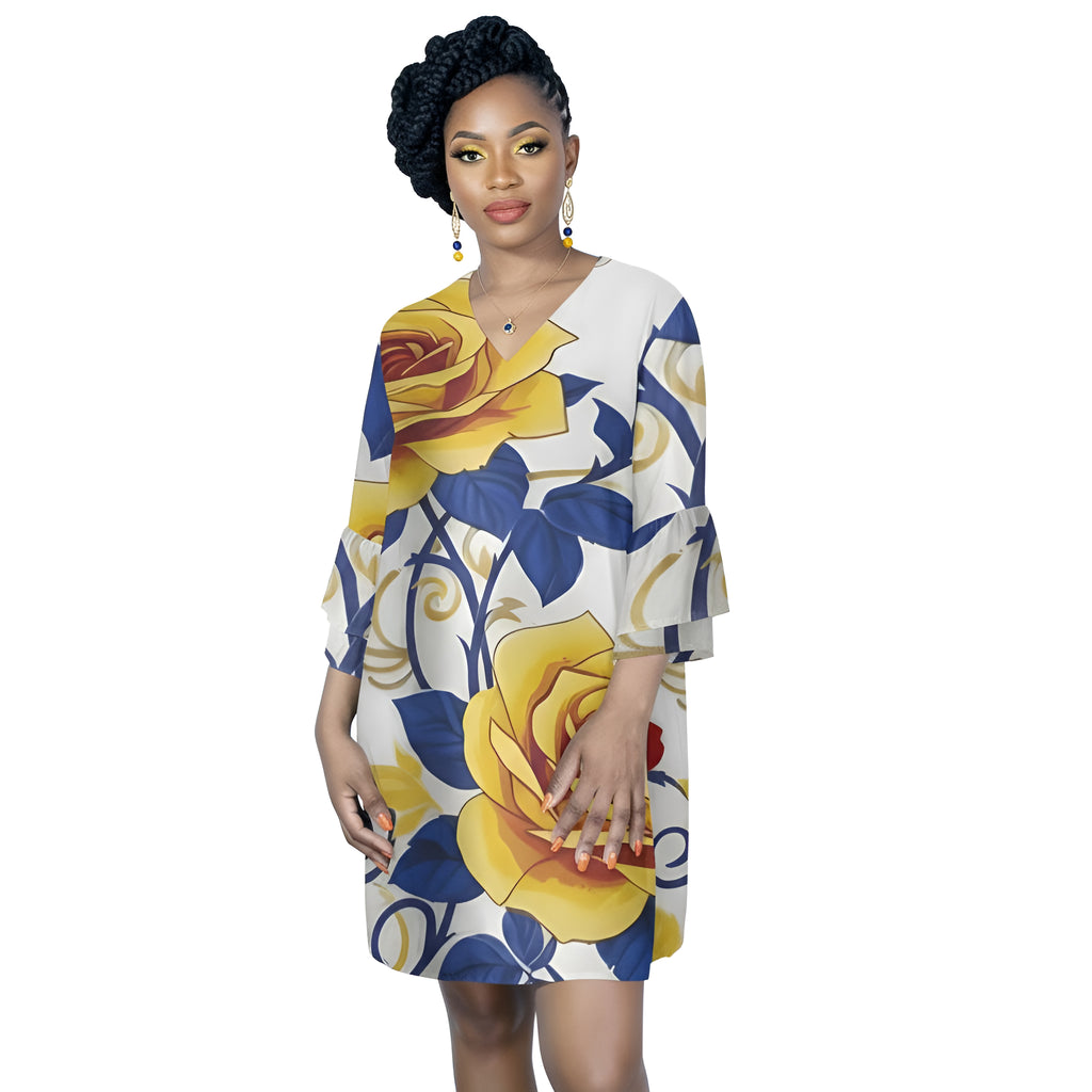 Rich and Rich Women's V-Neck Geometric Floral Mini Dress with half sleeves