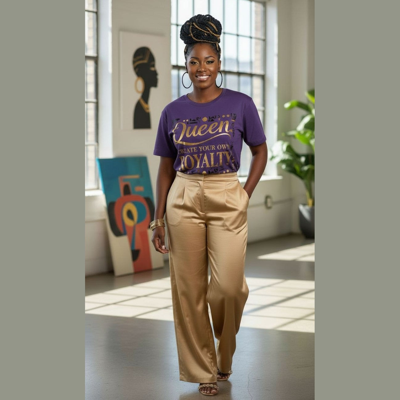 Women's relaxed-fit purple all-over print mesh T-shirt with 'Purple Queen' royalty design