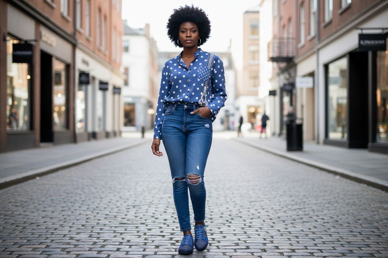 Rich and Rich Blue Polka Dot Long Sleeve Button Up Casual Women's Shirt Top