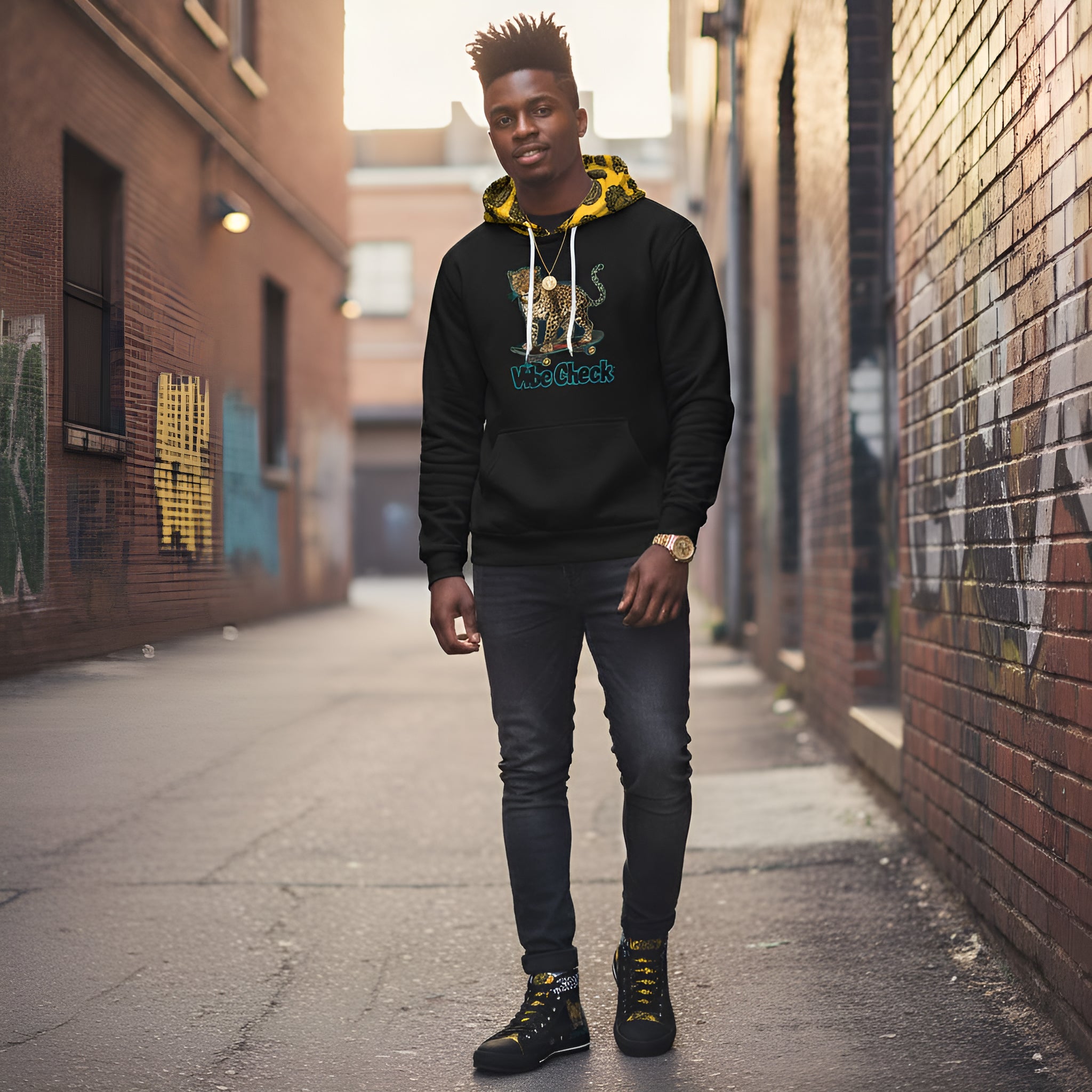 Unisex hoodie with 'Vibe Check' leopard skateboard all-over print — additional view 7