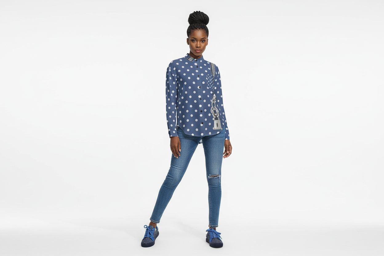 Rich and Rich Blue Polka Dot Long Sleeve Button Up Casual Women's Shirt Top