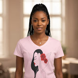 Light pink women's deep V t-shirt with 'Woman Rose' design and slim fit — side view