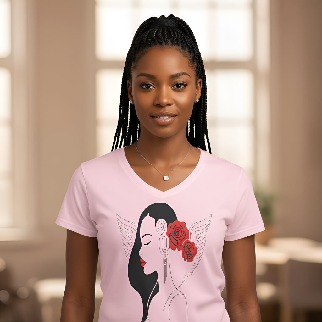 Rich and Rich Woman Rose Light Pink Designer T-Shirt with deep V-neck on white background