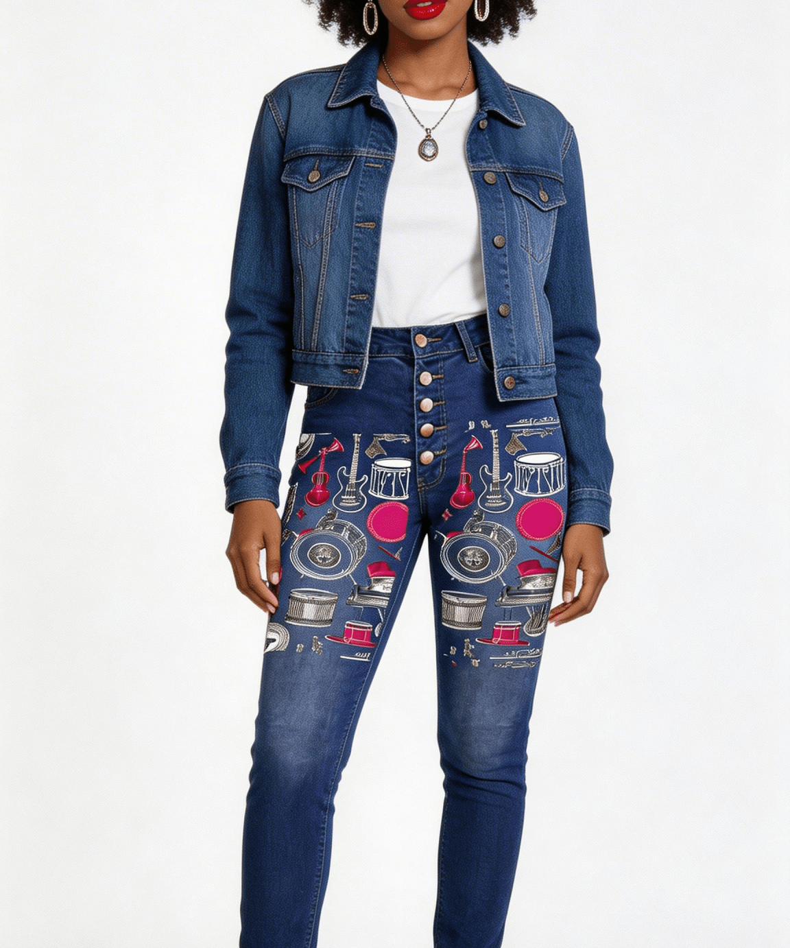 High-waist women's jeans with front musical embroidery and five-button zip fly