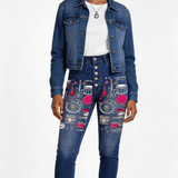High-waist women's jeans with front musical embroidery and five-button zip fly