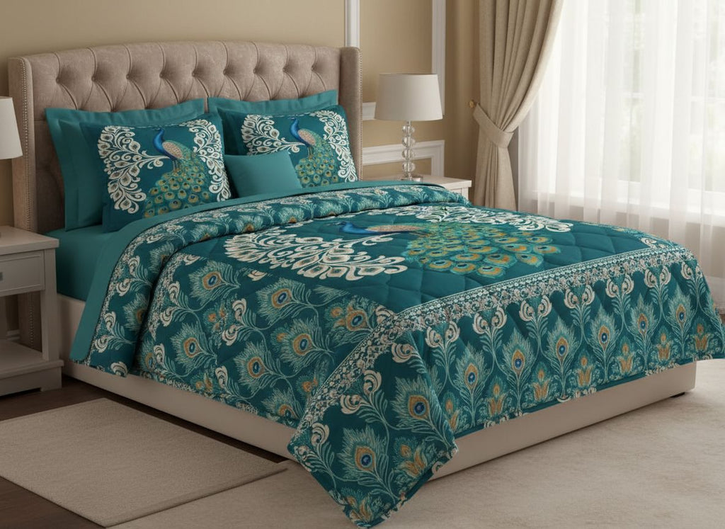 Rich and Rich Peacock 3 Piece Bedding Set with vibrant peacock design in bedroom