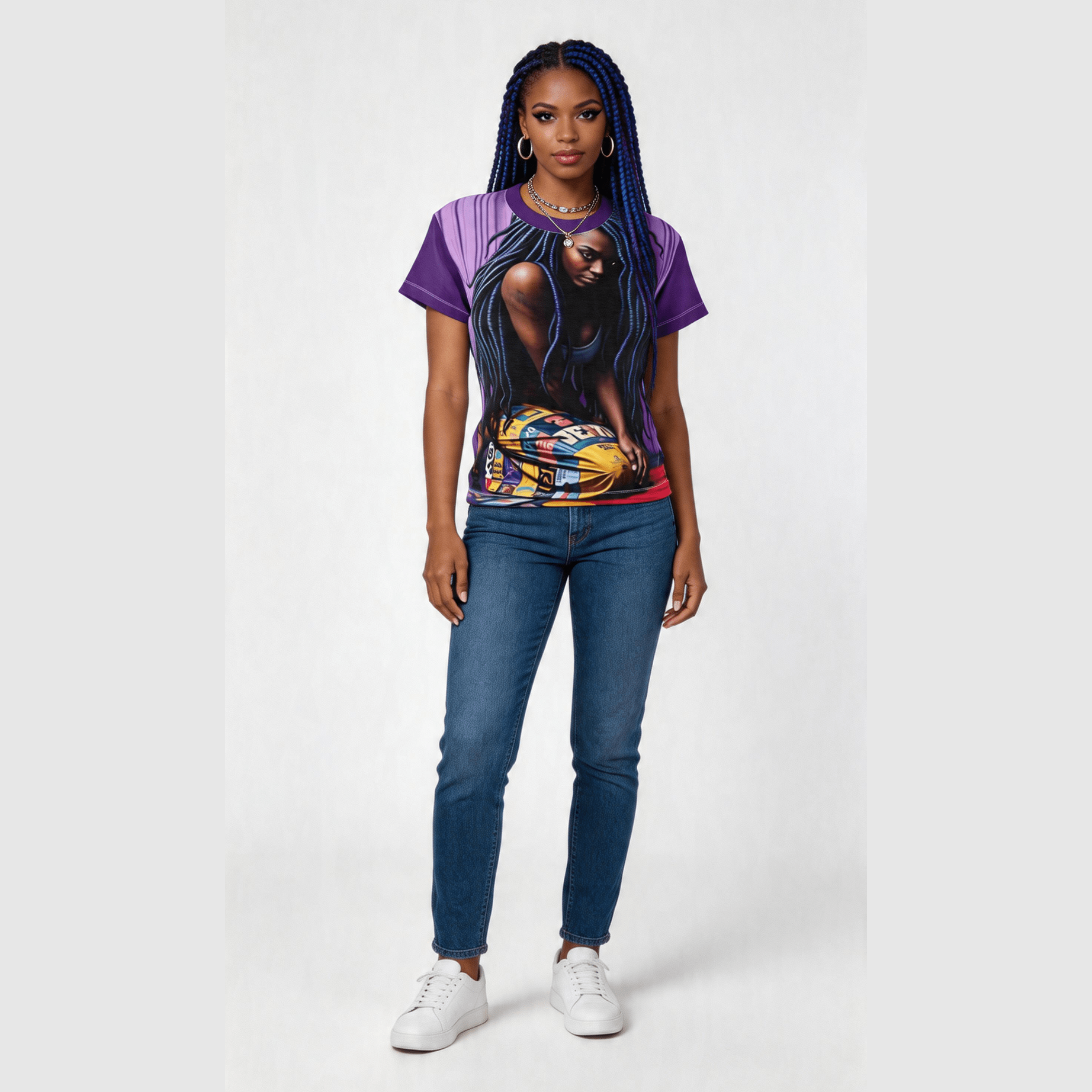 Women's purple T-shirt with bold 'Worth' all-over graphic print