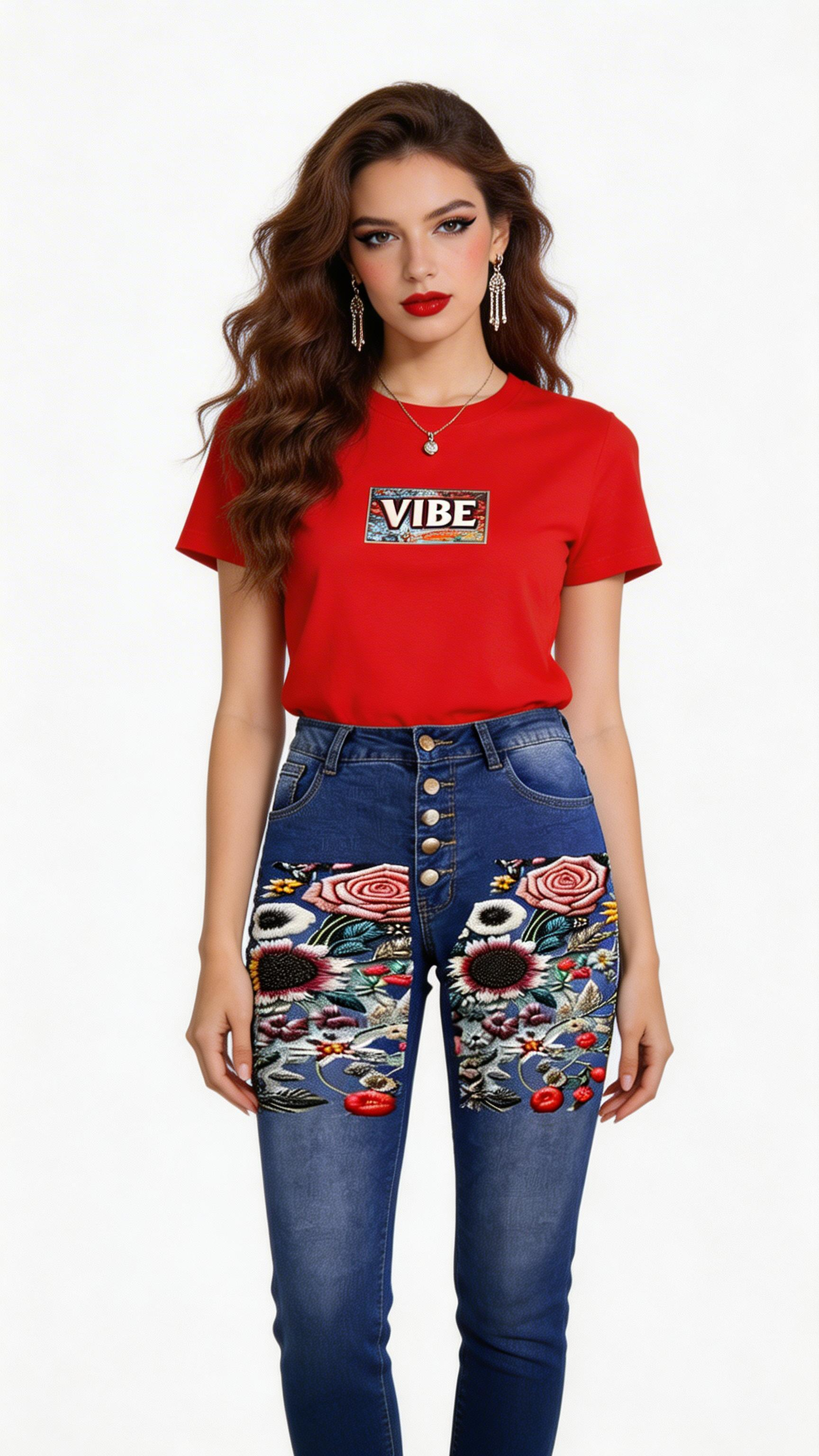 Rich and Rich Embroidery Look Musical Design Women's High Waisted Jeans