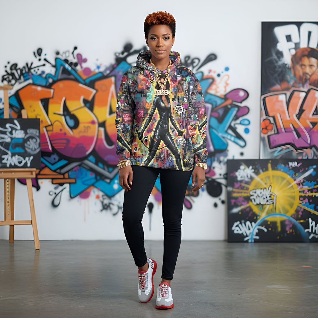 Rich and Rich Women’s Multicolor Caricature Hoodie showcasing vibrant artistic print
