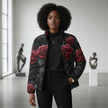 Rich and Rich Stylish Black and Red Floral Women’s Puffer Jacket, Cozy Winter Outerwear, Chic Rose Design Jacket, Trendy Cold-Weather Apparel, Perfect Gift