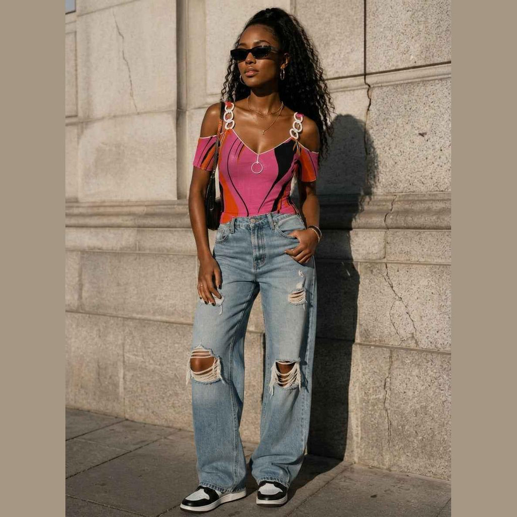 Rich and Rich Pink Swirl Women's V-Neck Chain Strap Off Shoulder Top - Rich and Rich Homeopportunities