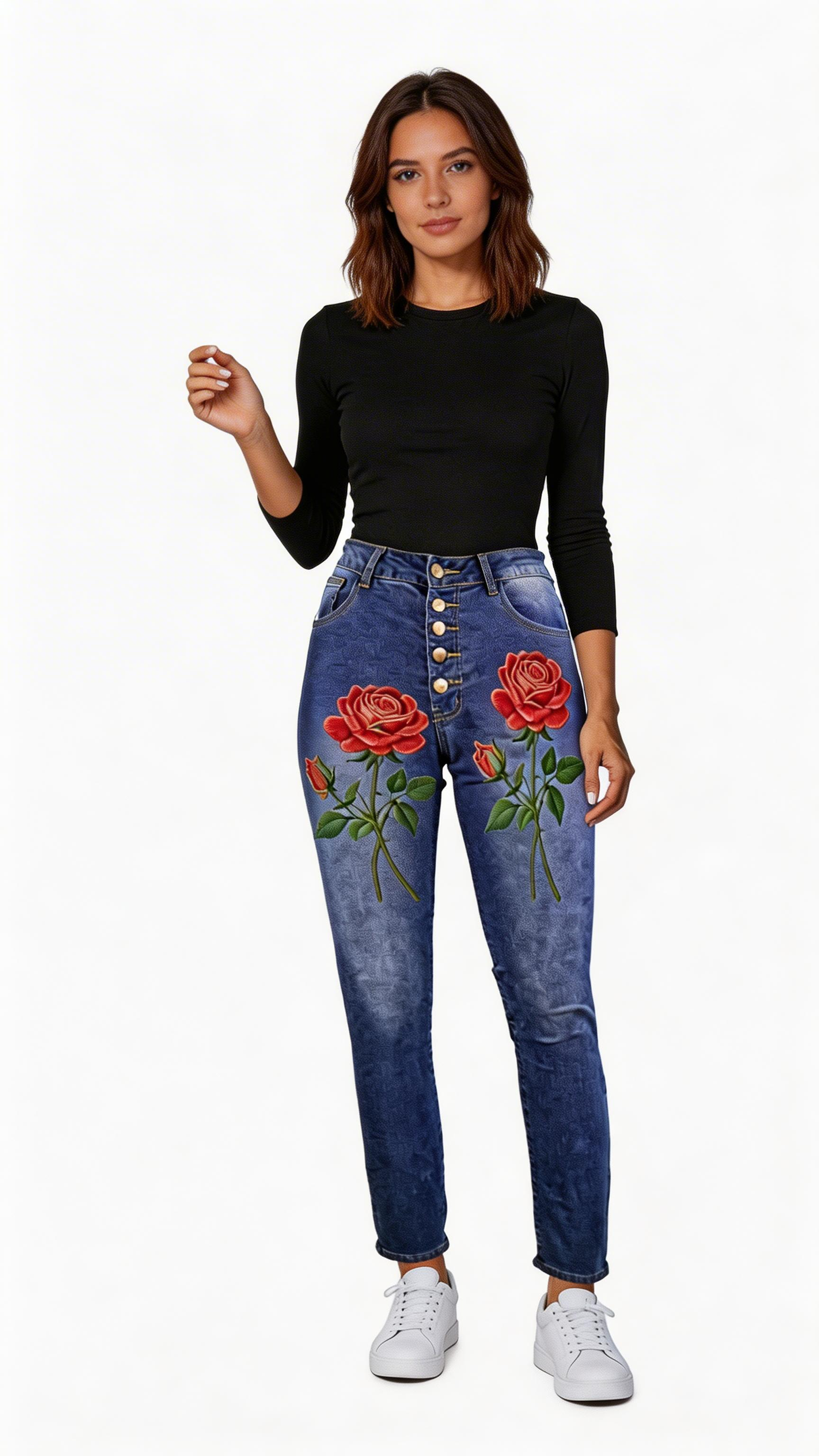 Rich and Rich Red Roses Women's High Waist Jeans