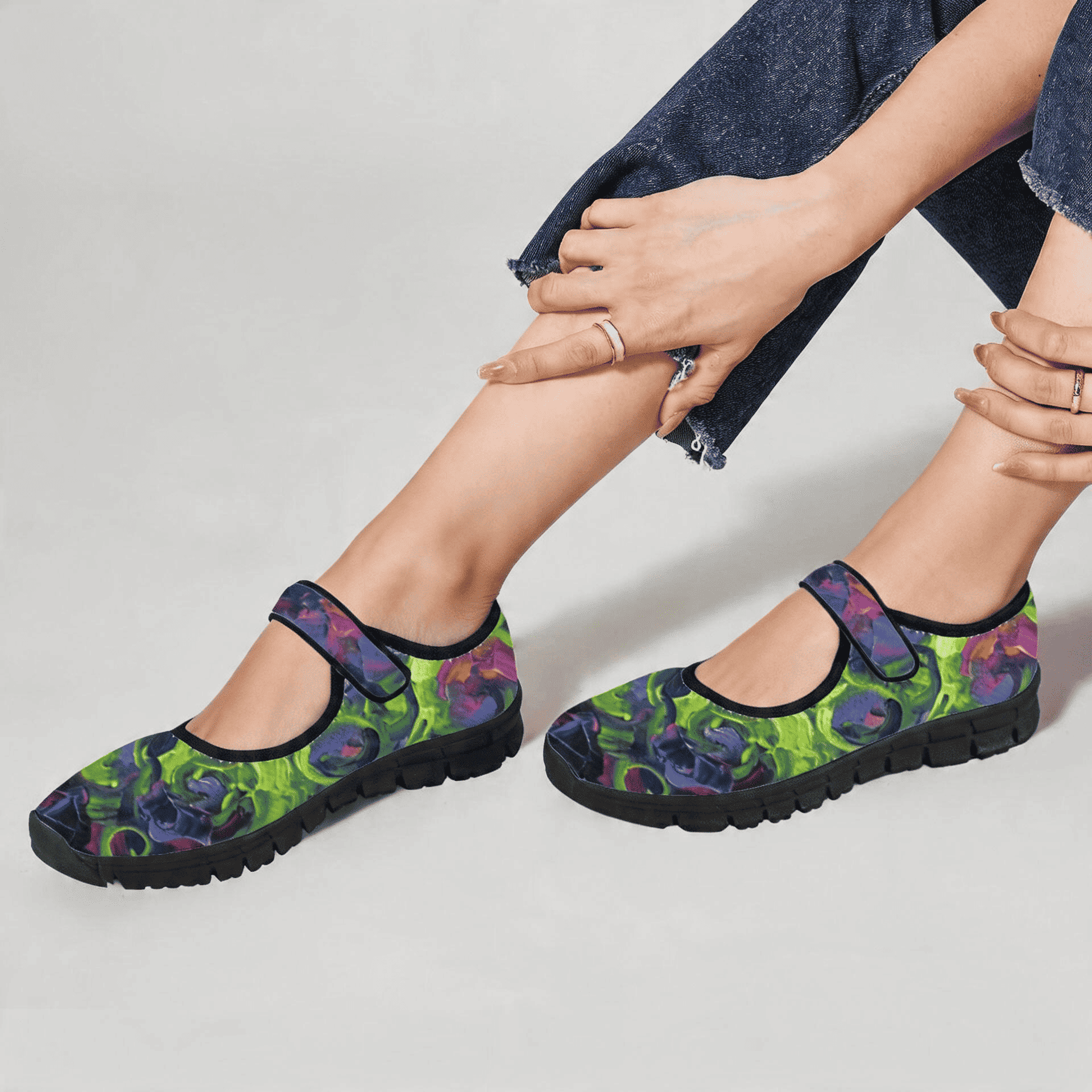 Women’s key lime abstract Mary Jane shoes with mesh upper and Velcro strap and EVA sole — additional view 7