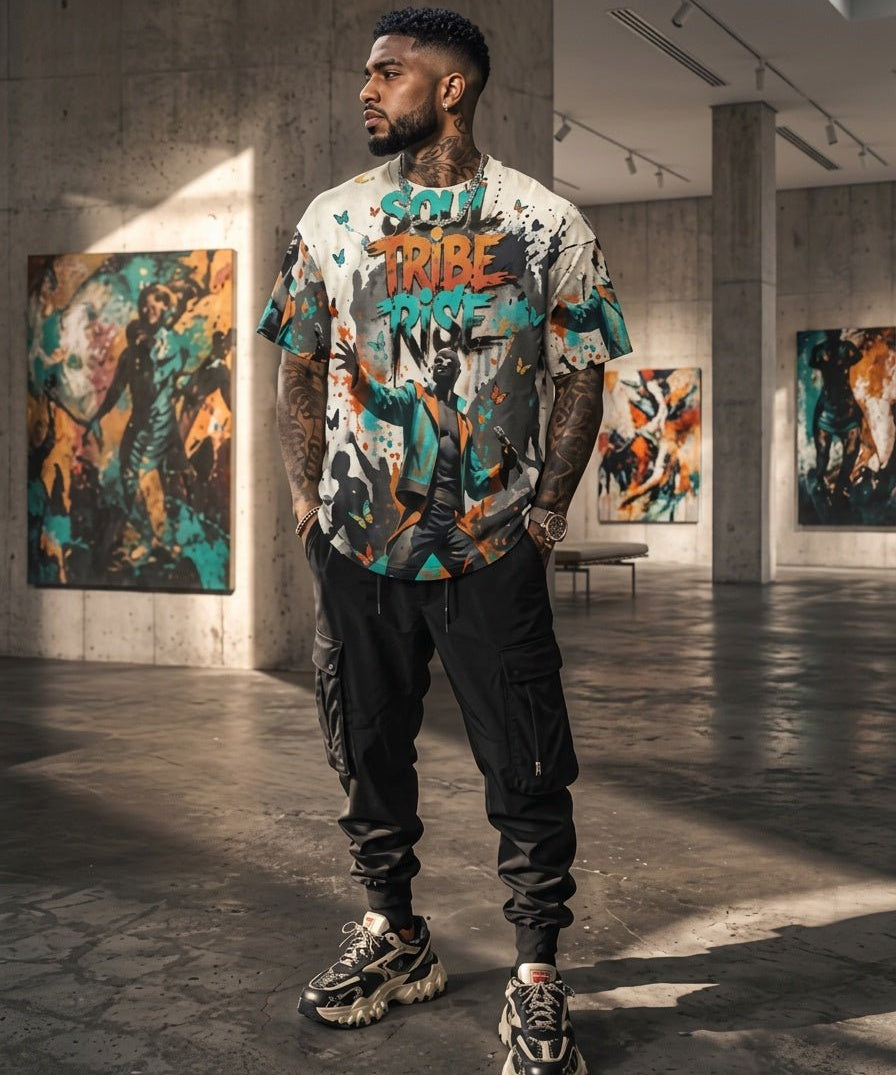 Beige men's crew neck t-shirt with multicolor Soul Tribe Rise graphic in teal and orange