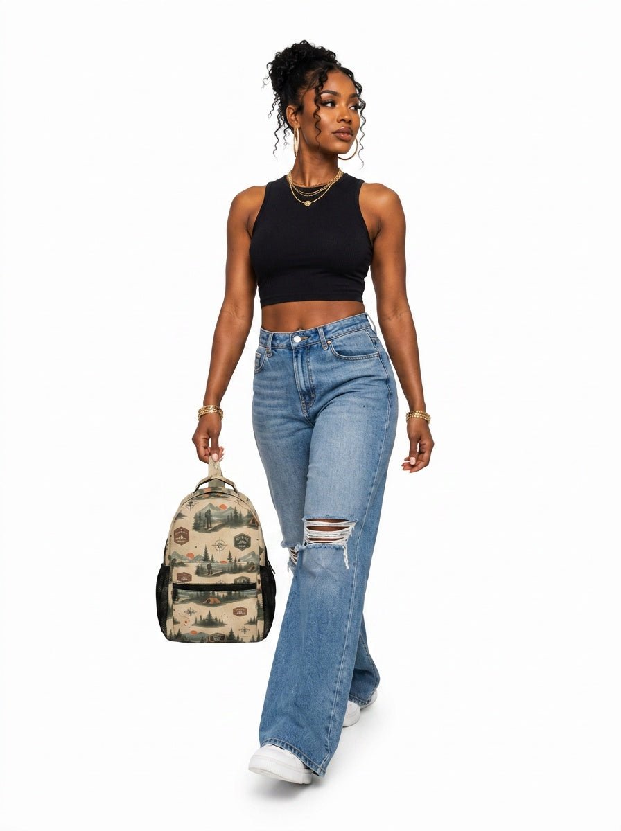 Beige 17-inch backpack with front pocket, mesh side pockets, padded straps, and orange buckle detail — alternate view