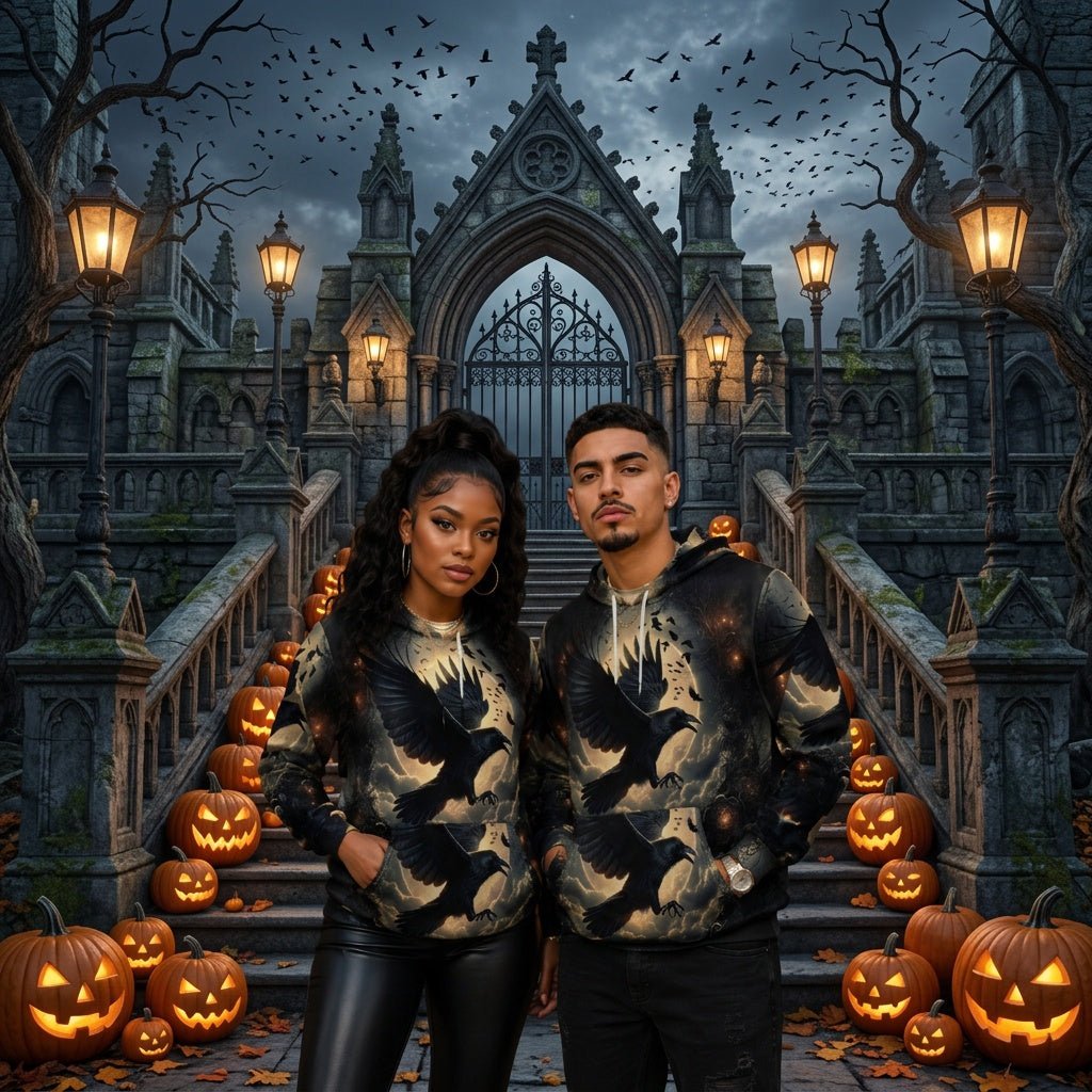 Halloween themed couple modeling raven graphic hoodies