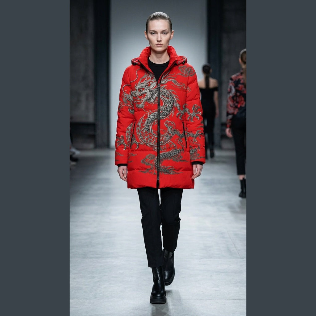 Red dragon print hooded puffer jacket on runway with hood up