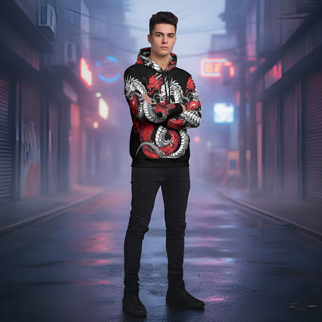 Rich and Rich Black and Red Snake Men's Hoodie featuring bold snake graphic design