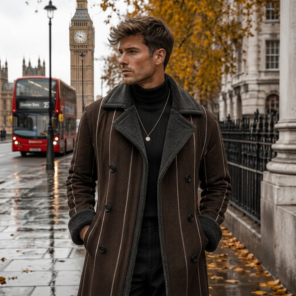 Rich and Rich Chocolate Pinstripe Men's Double Breasted Coat - Rich and Rich Homeopportunities