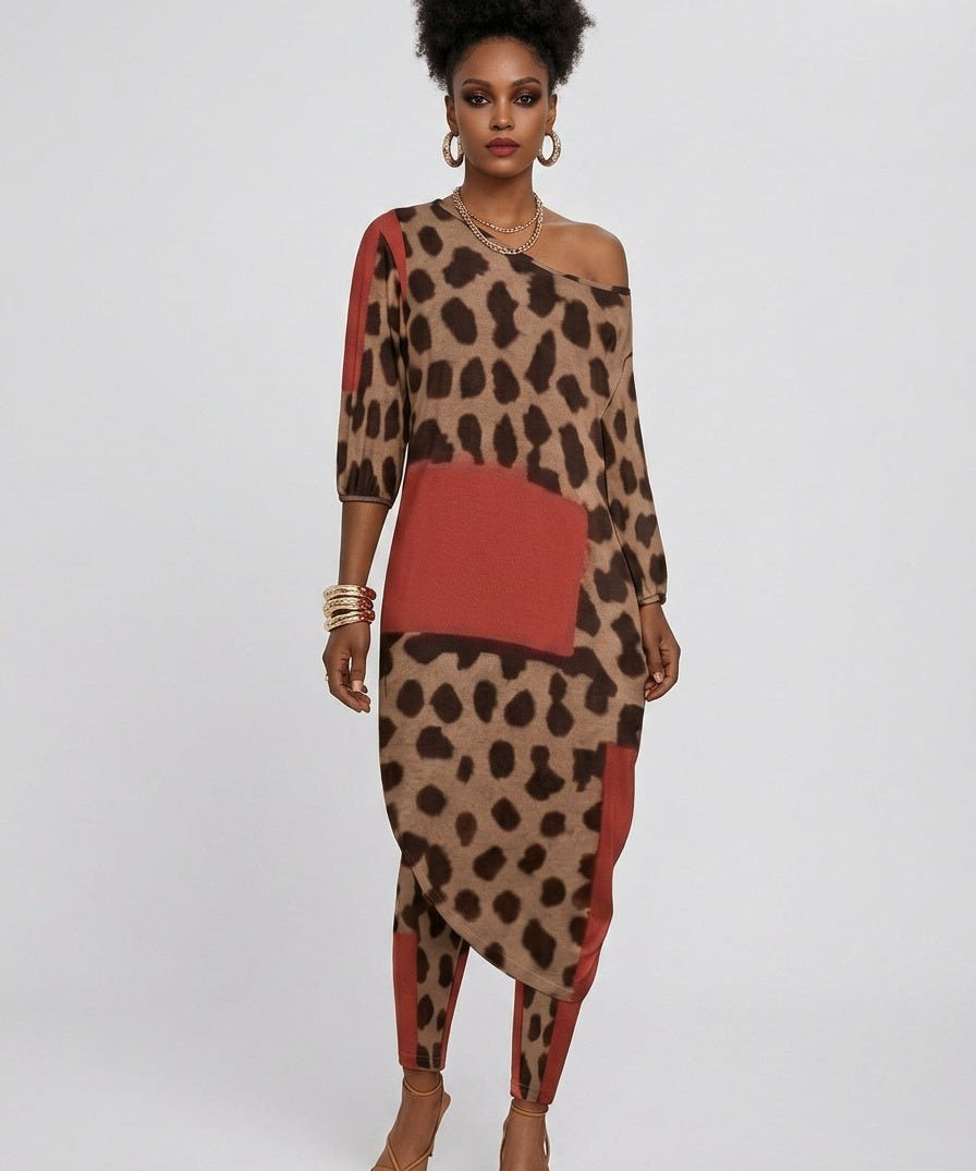 Women's two-piece off-shoulder set in diagonal red animal print with stretch fabric — alternate view