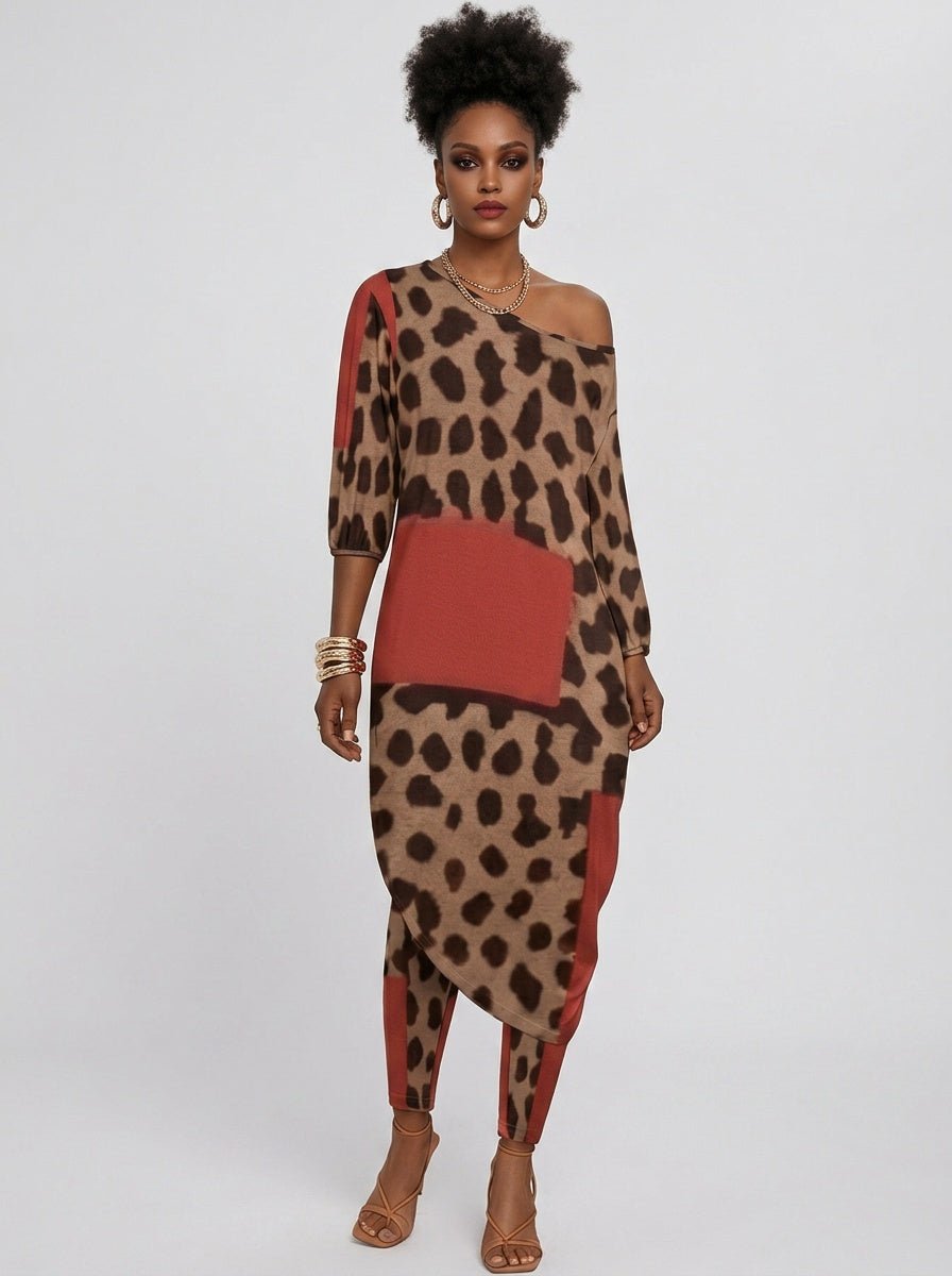 Women's two-piece off-shoulder set in diagonal red animal print with stretch fabric — alternate view