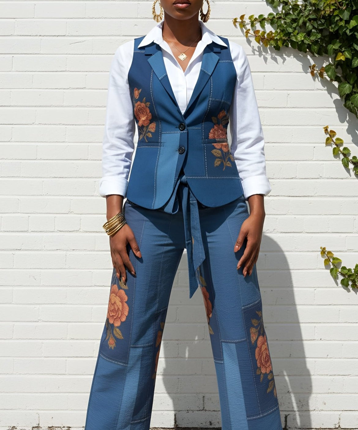 Blue floral geometric women's sleeveless blazer with turn-down collar and single-button closure