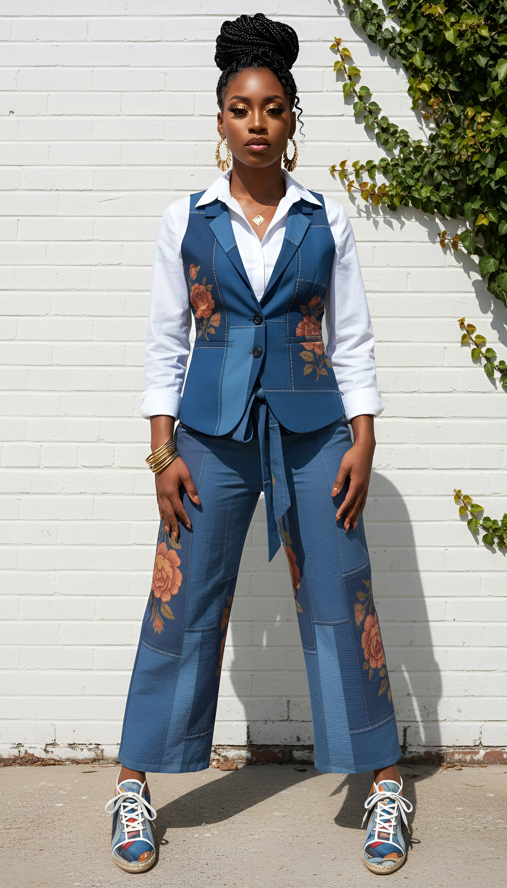 Rich and Rich Blue Floral Geometric Women Sleeveless Blazer