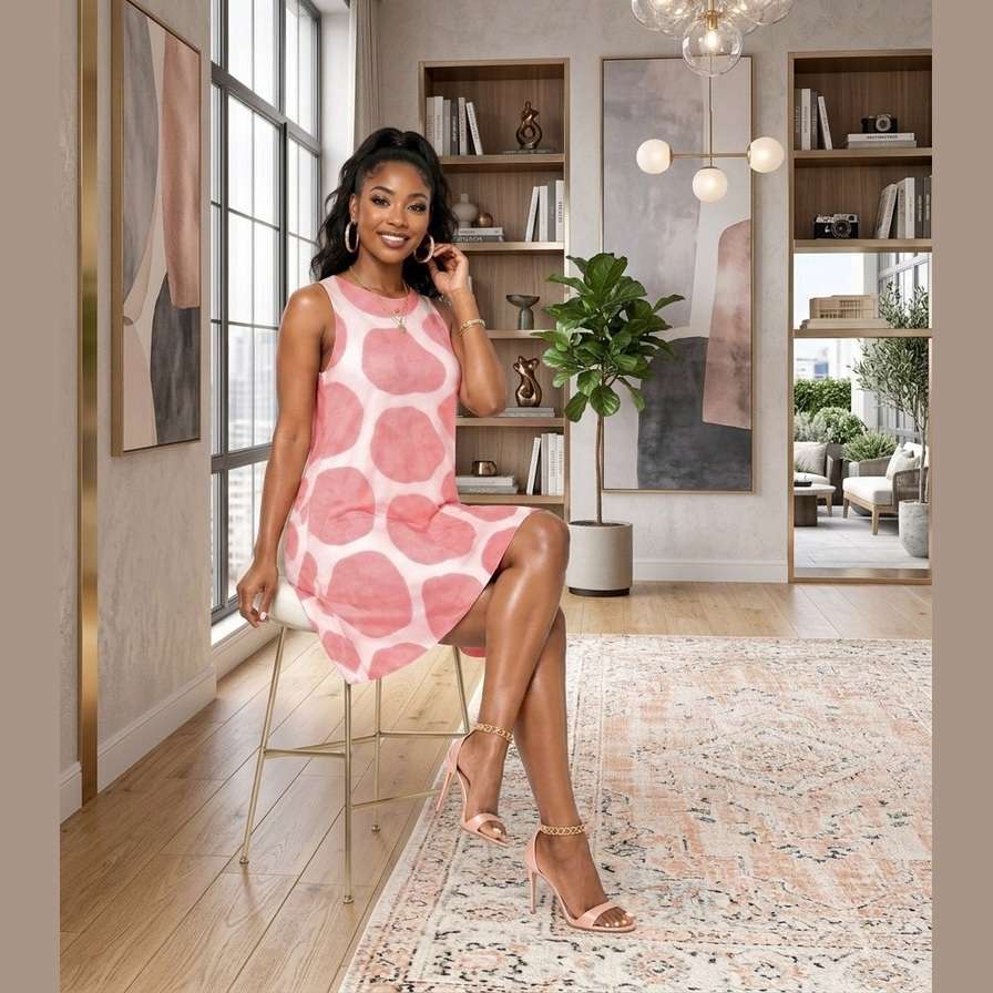 Sleeveless A-line dress with coral giraffe-inspired print and side pockets — alternate view