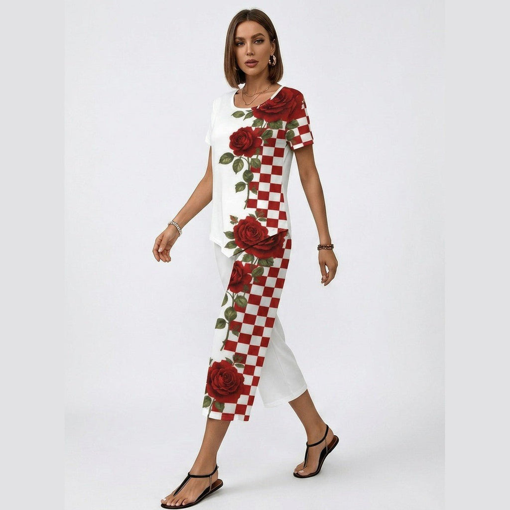 Rich & Rich Rose Checker Romance Short Sleeve Cropped Wide-Leg Set - Rich and Rich Homeopportunities