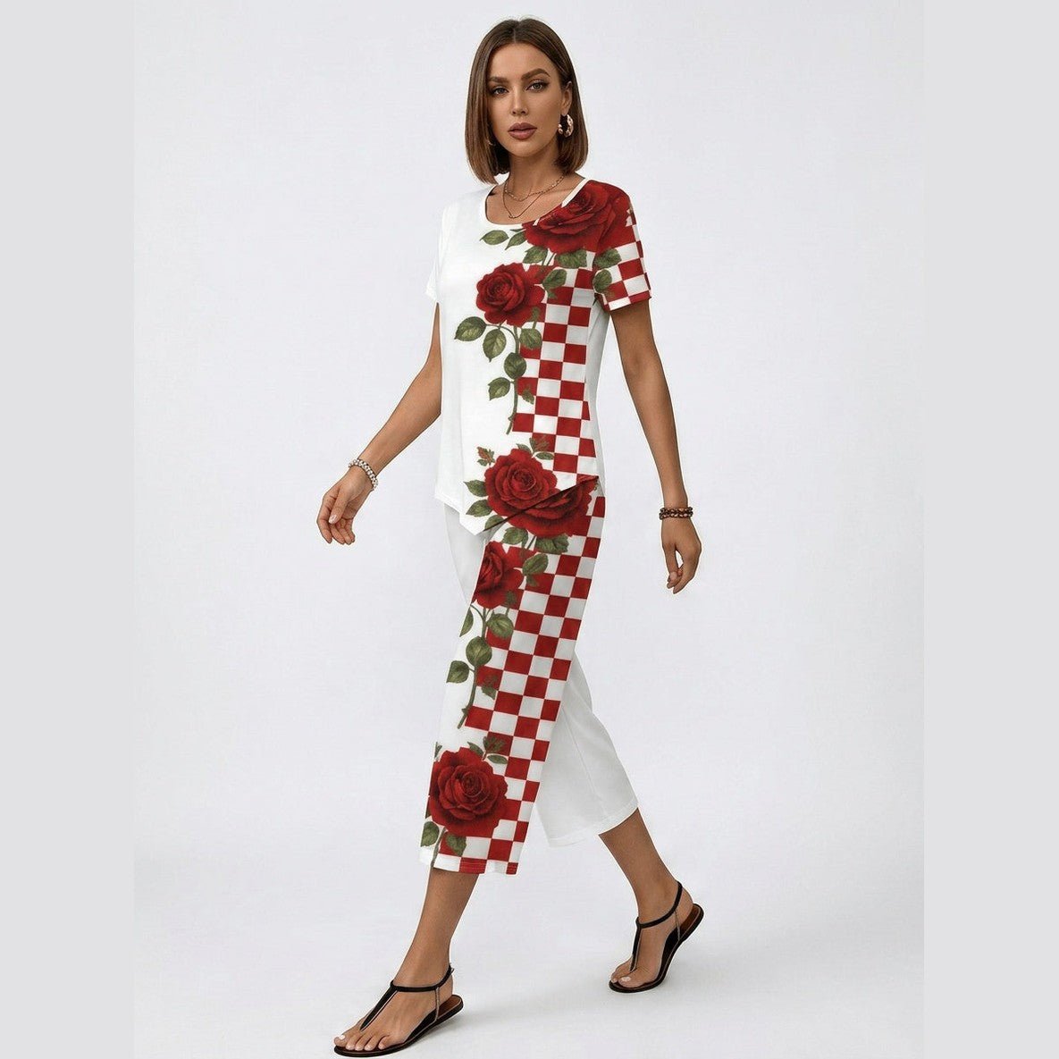 Rich & Rich Rose Checker Romance Short Sleeve Cropped Wide-Leg Set - Rich and Rich Homeopportunities