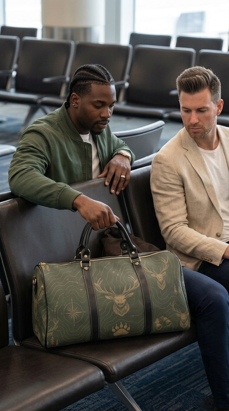Green waterproof duffel bag with hunting-themed print, PU leather handles, and adjustable shoulder strap — alternate view